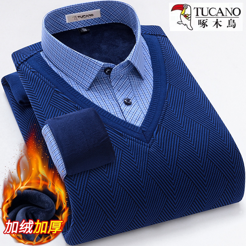 啄木鸟纯棉保暖衬衫男冬季假两件加绒加厚高档中年宽松衬衣爸爸装