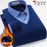 啄木鸟纯棉保暖衬衫男冬季假两件加绒加厚高档中年宽松衬衣爸爸装