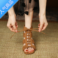 SUNTEK复古罗马编织露趾凉鞋女2023夏季新款韩版粗跟高跟鞋系带中跟女鞋