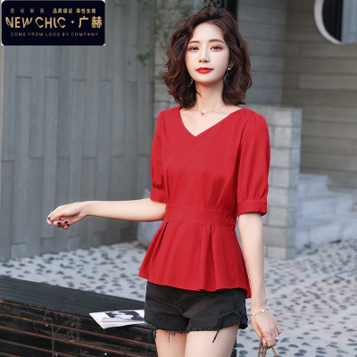 广赫衬衣女韩版遮肚子心机收腰上衣女夏短款衬衫设计感洋气短袖小衫潮衬衫