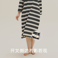 睡衣女秋季优可丝长袖中长款睡裙抑菌型休闲黑白条纹大码连衣裙