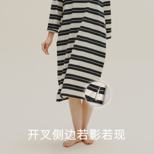 睡衣女秋季优可丝长袖中长款睡裙抑菌型休闲黑白条纹大码连衣裙