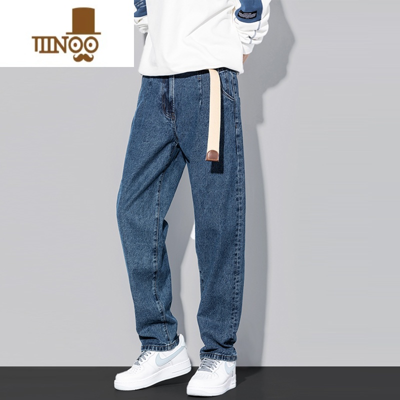 YANXU夏季蓝色牛仔裤男士潮牌直筒宽松潮流港风垂感百搭阔腿休闲长裤子
