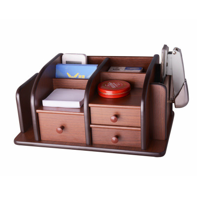 多功能大笔筒创意时尚化妆复古式木质笔座办公文具桌面收纳盒三维工匠8039超大三抽-