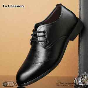 La Chessiers2025年新款男士皮鞋青年韩版正装商务透气英伦潮流百搭黑色工装男休闲鞋