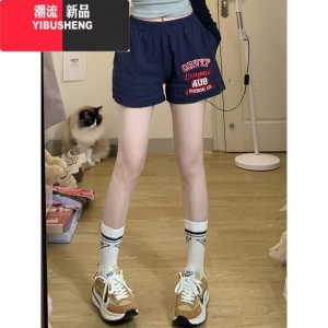 YIBUSHENG国潮牌美式复古运动休闲裤女学院风宽松刺绣阔腿短裤情侣五分裤子