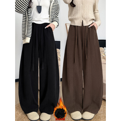 黑色加绒裤子冬装女加厚灯芯绒裤小个子高腰显瘦休闲阔腿长裤