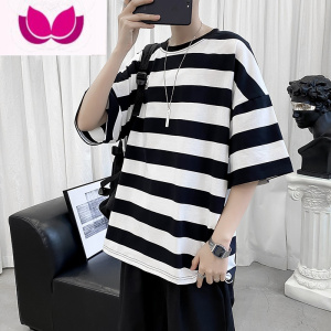 七斓蓝色条纹短袖T恤男港风ins潮流宽松休闲打底衫男生圆领五分袖体恤