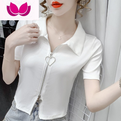 七斓短袖t恤女2023夏季新款拉链设计感小众修身洋气百搭短款上衣ins潮