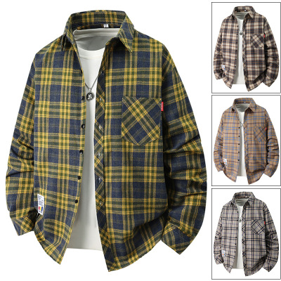 格子衬衫秋新款宽松潮流潮流个性彩标设计时尚休闲男款