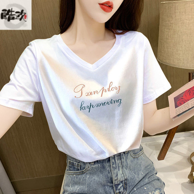 专注品质-女士短袖2021新款双色字母印花T恤女宽松上衣女夏百搭气质潮运动T恤娇卡朵