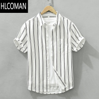 HLCOMAN夏季高级感薄款透气竖条纹短袖衬衫男日系复古外穿小清新休闲衬衣
