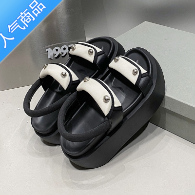 SUNTEK增高8cm小个子凉鞋女2023夏新款厚底松糕一脚蹬露趾沙滩鞋