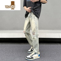 YANXU黄泥色破洞牛仔裤男直筒修身2023夏季薄款ins潮牌美式高街长裤子