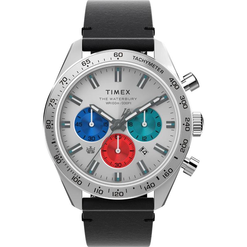 Timex/天美时男士石英手表mm不锈钢银色表盘防水皮质表带计时码表