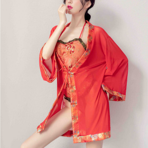 女式情趣睡衣新娘蕾丝透视诱惑女士性感吊带古典肚兜V领睡袍丁字内裤三点式情趣内衣套装全透明开档破洞露乳免脱长夜漫漫成人用品