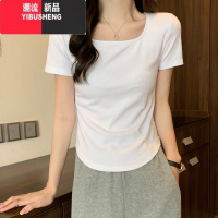 YIBUSHENG纯欲风圆领弧形下摆短袖t恤女季新款修身不规则上衣短款ins甜辣