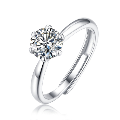 阿玛莎S925银镶莫桑石钻女戒宠爱一生活口调节女戒指1克拉经典六爪送女友情人老婆恋人一物一证银色活口
