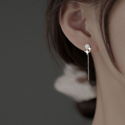 s925银闪钻四芒星耳线女轻奢简约设计感长款流苏耳链气质百搭耳饰送女朋友老婆情人节七夕生日礼物