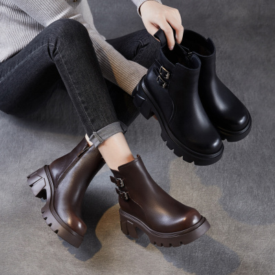 头层牛皮马丁靴女年秋冬季新款真皮短靴厚底增高皮带扣靴子