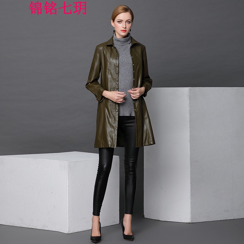 锦铭七玥2018春季新款绵羊皮大码女式风衣高端外套海宁皮衣中长款皮衣