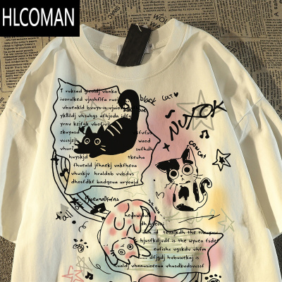 HLCOMAN可爱猫咪印花宽松短袖t恤女男2025夏季新款休闲百搭减龄上衣