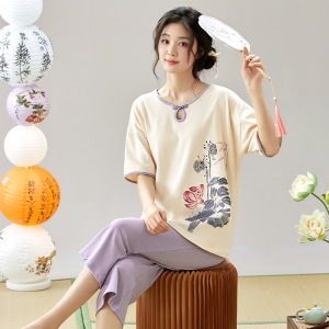 国风新中式新款棉质套装夏季女士短袖七分裤休闲家居服薄款可外穿