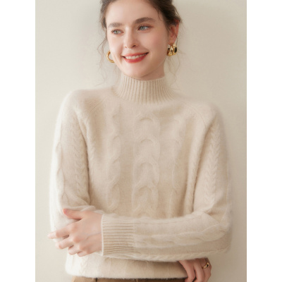 双股加厚复古麻花羊绒衫女秋冬新款半高领插肩袖针织打底毛衣