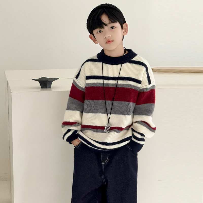 男童毛衣冬季加厚秋冬新款中大童装冬装痞帅儿童条纹针织衫潮