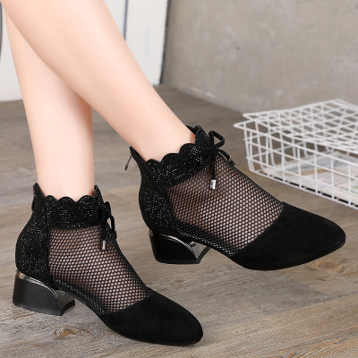 Ideamini2021时尚透气中跟网纱鞋新款大码女凉鞋40一43粗跟磨砂皮春女鞋黑色尺码齐全拍下备注平时所穿尺码