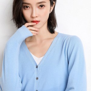 春季新款针织开衫女V领百搭外套纯色短款长袖毛衣薄线衣