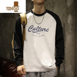 YANXU秋季潮牌黑白长袖圆领T恤男士宽松大码2023款插肩袖撞色卫衣