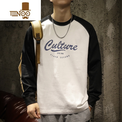 YANXU秋季潮牌黑白长袖圆领T恤男士宽松大码2023款插肩袖撞色卫衣