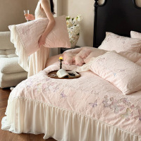 浪漫花边牛奶绒床上四件套公主风蝴蝶刺绣被套双面绒珊瑚绒少女心