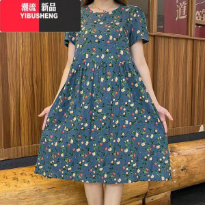 YIBUSHENG季新款短袖连衣裙碎花宽松遮肉韩版娃娃裙子女装时尚大码妈妈装
