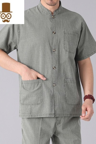 YANXU老人亚麻短袖T恤男中老年爸爸衬衫夏季半袖开衫老头棉麻夏装褂子