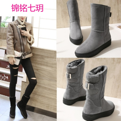 爆款17新品欧美风圆头保暖3色低跟皮带扣套筒中筒真皮雪地靴女