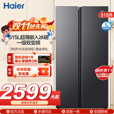 海尔(Haier)515升对开门超薄嵌入冰箱 大冷冻空间格局 黑金净化 一级双变频 BCD-515WLHSSEDS9