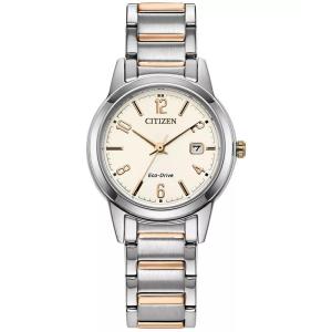 西铁城(CITIZEN)光动能女士玫瑰金不锈钢腕表29mm石英表 ivory色三眼日期窗