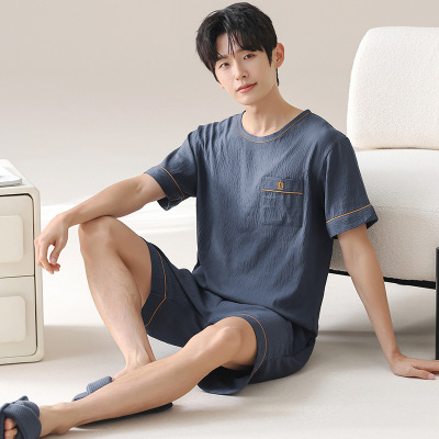 睡衣男夏季云朵棉短袖短裤圆领休闲家居服青年可外穿大码套装_1