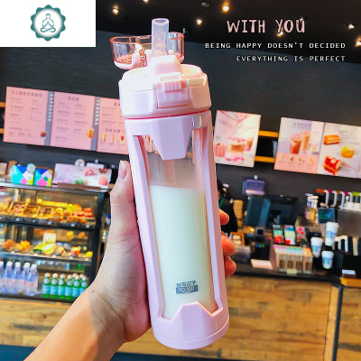 情侣吸管杯网红水杯简约杯子男士创意玻璃杯女家用便携大容量可爱封后蓝色