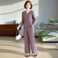 中老年春秋新款衣服时尚简约妈妈装套装春款V领显高显瘦中年女装