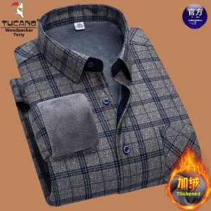 啄木鸟棉保暖衬衫男长袖冬季休闲格纹棉拉毛中老年丝绒加厚衬衫