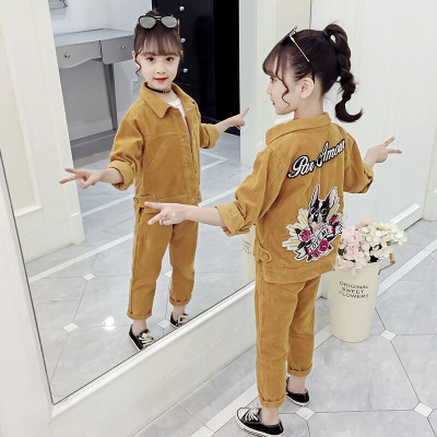 迪鲁奥（DILUAO)童装女童套装2021新款洋气女孩秋装韩版儿童灯芯绒外套裤子休闲两件套黄色110码建议身高100CM