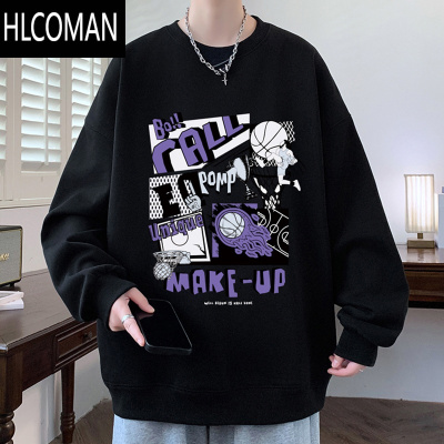 HLCOMAN圆领卫衣男美式印花长袖t恤青少年内搭秋衣加绒加厚打底衫