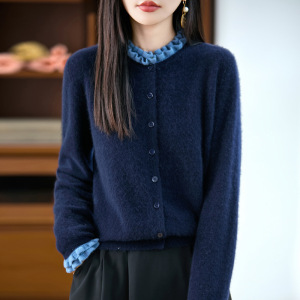 羊毛衫木耳边拼色圆领针织开衫女25秋冬新款长袖外套女秋毛衣开衫
