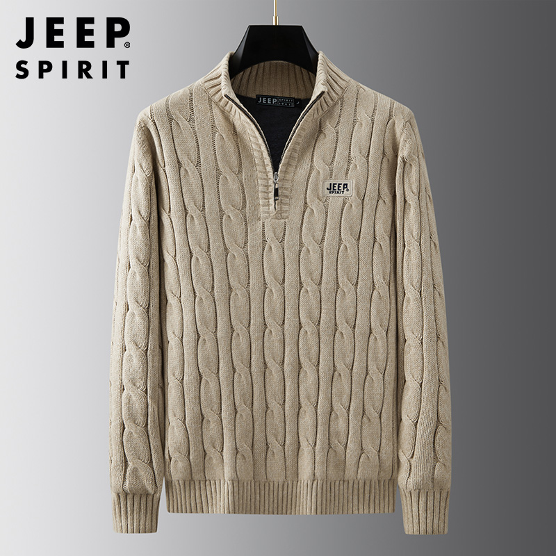 JEEP SPIRIT吉普男士针织衫加绒加厚保暖针织衫半拉链立领时尚毛衣秋冬套头衫外套