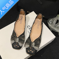 SUNTEK镂空洞洞凉鞋女夏季2023年新款平底蝴蝶结方头浅口单鞋软底豆豆鞋