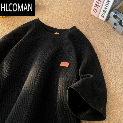 HLCOMAN黑色螺纹短袖t恤男款夏季港风新款潮牌半截袖大码宽松体恤