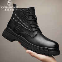 洛克华菲马丁靴男真皮男士潮流百搭中帮皮靴子冬季加绒工装高帮男鞋